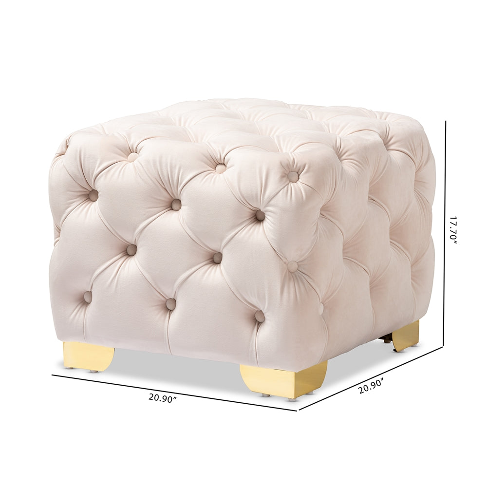 Baxton Studio Avara Glam And Luxe Light Beige Velvet Fabric Upholstered Gold Finished Button Tufted Ottoman