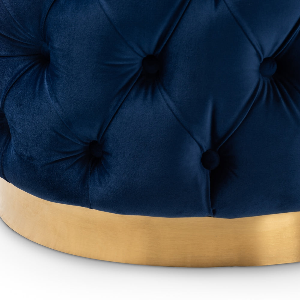 BAXTON STUDIO VALERIA GLAM ROYAL BLUE VELVET FABRIC UPHOLSTERED GOLD-FINISHED BUTTON TUFTED OTTOMAN