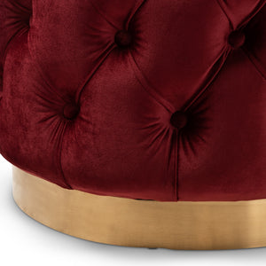 BAXTON STUDIO VALERIA GLAM BURGUNDY RED VELVET FABRIC UPHOLSTERED GOLD-FINISHED BUTTON TUFTED OTTOMAN