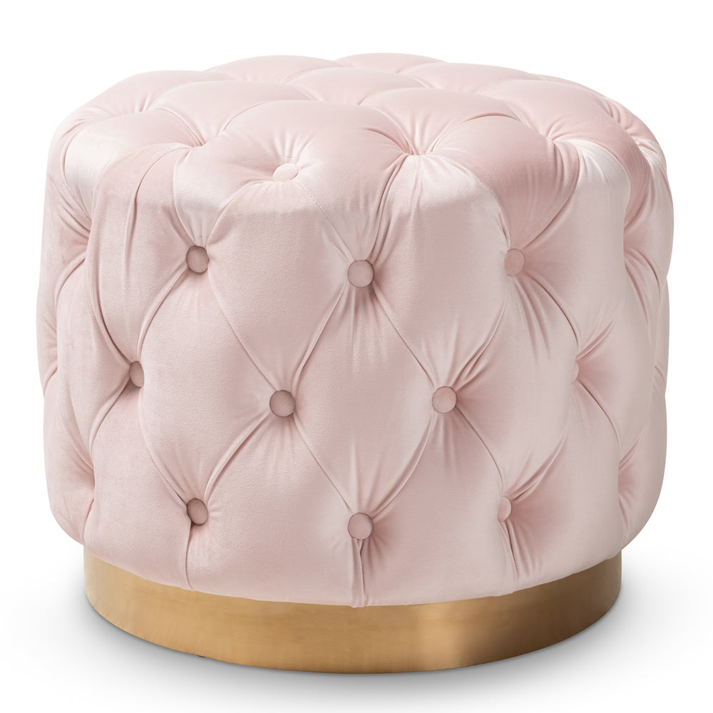 Baxton Studio Valeria Glam Light Pink Velvet Fabric Upholstered Gold-Finished Button Tufted Ottoman