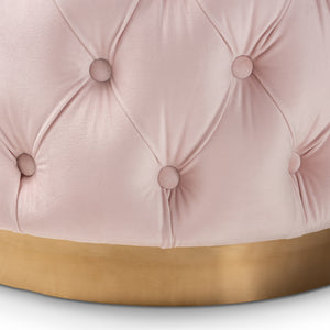 BAXTON STUDIO VALERIA GLAM LIGHT PINK VELVET FABRIC UPHOLSTERED GOLD-FINISHED BUTTON TUFTED OTTOMAN