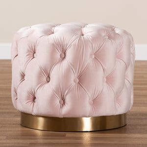 Baxton Studio Valeria Glam Light Pink Velvet Fabric Upholstered Gold-Finished Button Tufted Ottoman