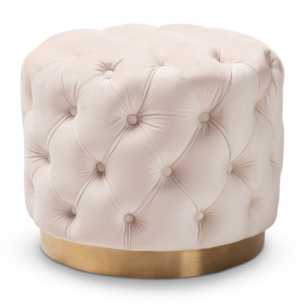 Baxton Studio Valeria Glam Light Beige Velvet Fabric Upholstered Gold-Finished Button Tufted Ottoman