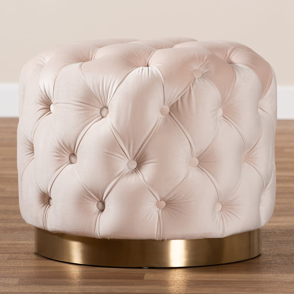 Baxton Studio Valeria Glam Light Beige Velvet Fabric Upholstered Gold-Finished Button Tufted Ottoman