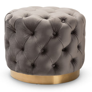 Baxton Studio Valeria Glam Gray Velvet Fabric Upholstered Gold-Finished Button Tufted Ottoman