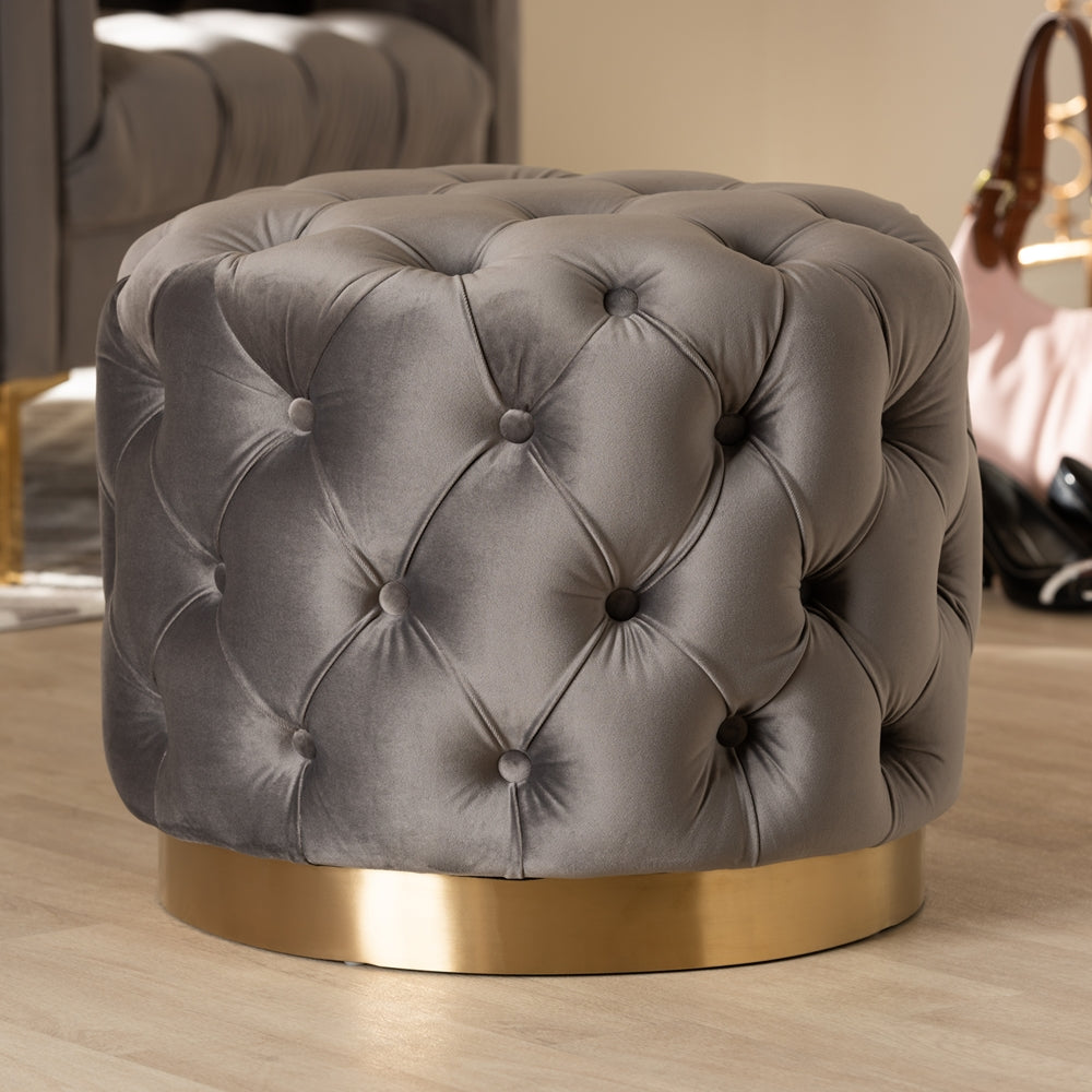 Baxton Studio Valeria Glam Gray Velvet Fabric Upholstered Gold-Finished Button Tufted Ottoman