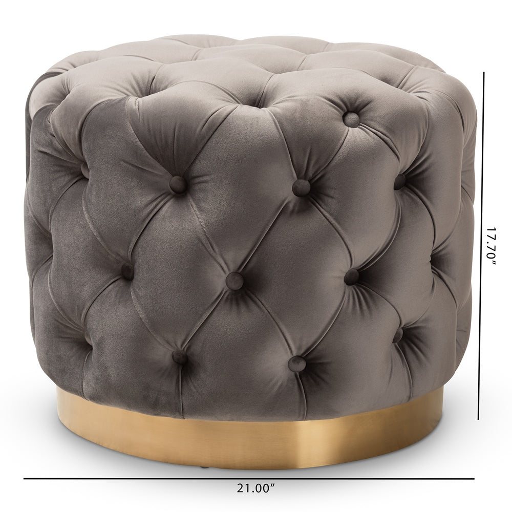 Baxton Studio Valeria Glam Gray Velvet Fabric Upholstered Gold-Finished Button Tufted Ottoman