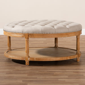 Baxton Studio Ambroise French Provincial Beige Linen Fabric Upholstered And White-Washed Oak Wood Button-Tufted Cocktail Ottoman With Shelf