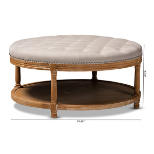 Baxton Studio Ambroise French Provincial Beige Linen Fabric Upholstered And White-Washed Oak Wood Button-Tufted Cocktail Ottoman With Shelf