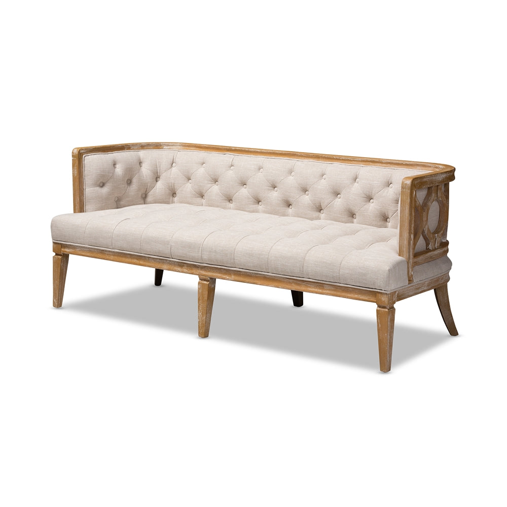 Baxton Studio Agnes French Provincial Beige Linen Fabric Upholstered And White-Washed Oak Wood Sofa