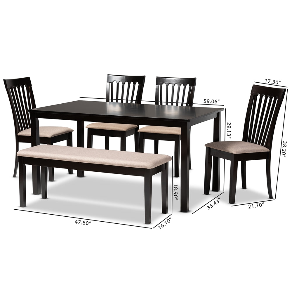 Baxton Studio Minette Modern And Contemporary Sand Fabric Upholstered And Dark Brown Finished Wood 6-Piece Dining Set