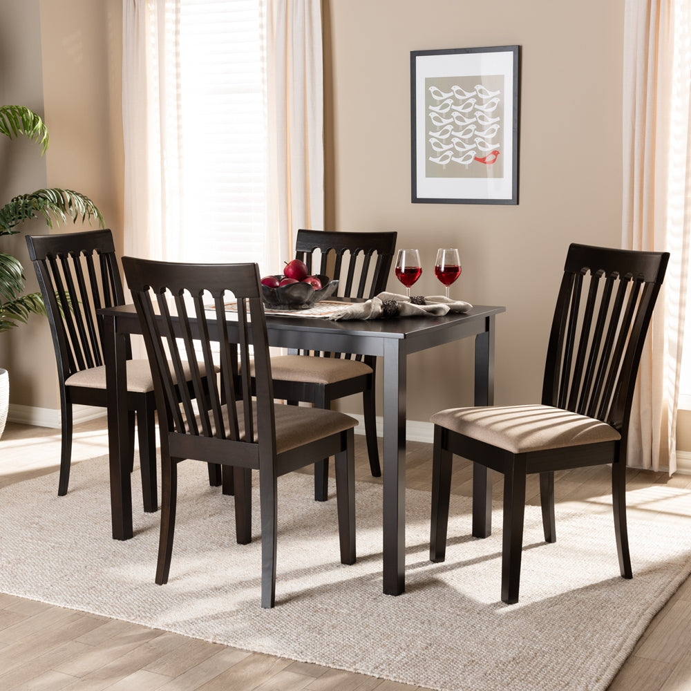 Baxton Studio Minette Modern And Contemporary Sand Fabric Upholstered Espresso Brown Finished Wood 5-Piece Dining Set