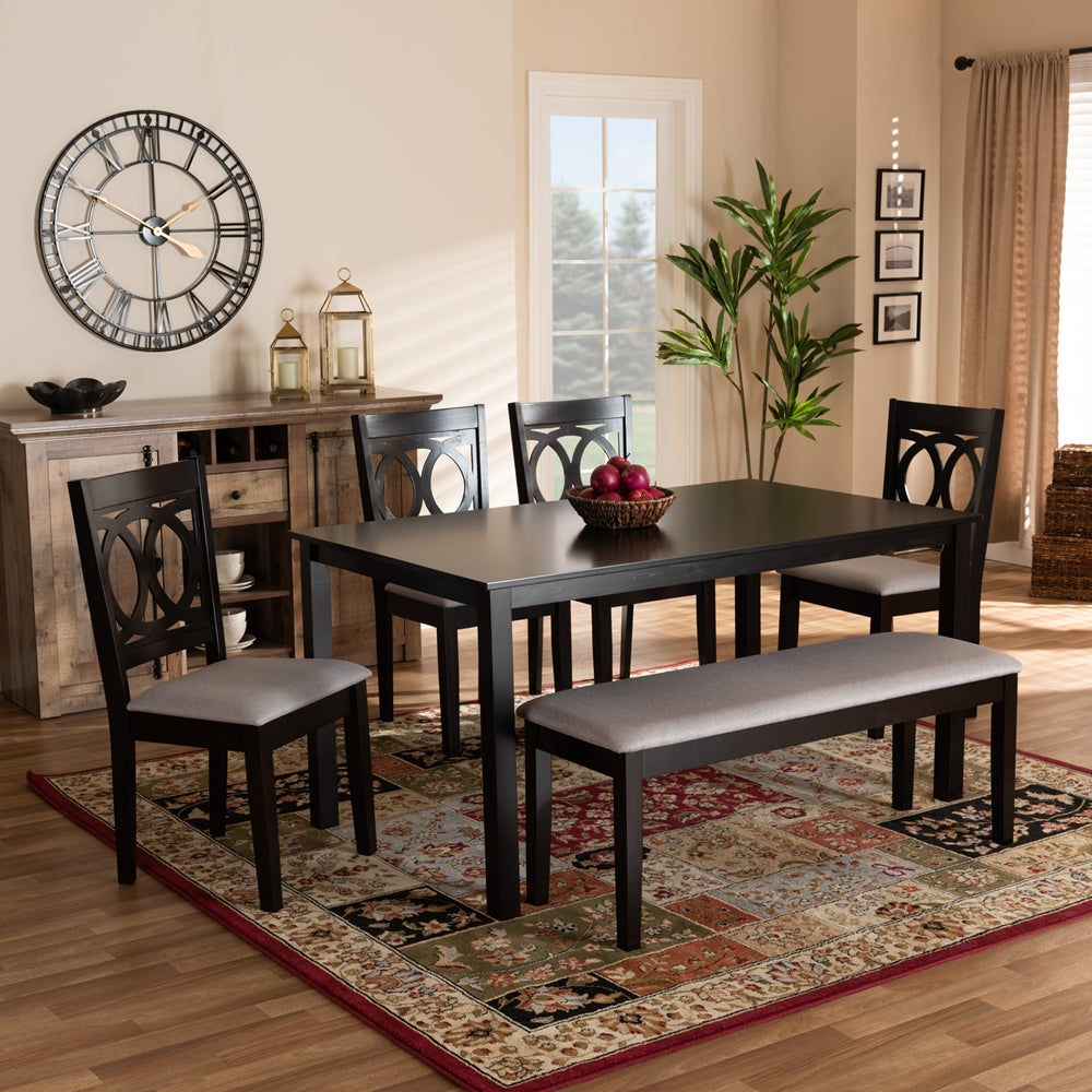 Baxton Studio Bennett Modern And Contemporary Grey Fabric Upholstered And Dark Brown Finished Wood 6-Piece Dining Set