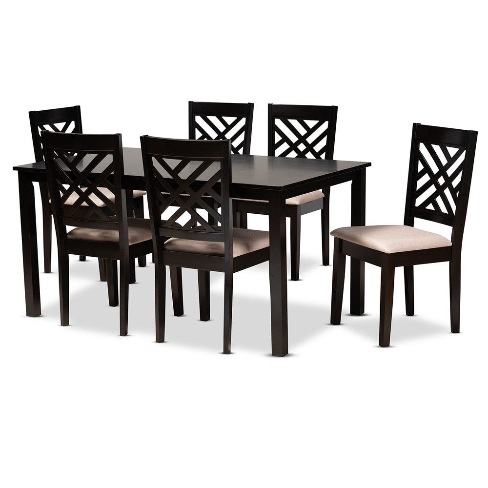 Baxton Studio Caron Modern And Contemporary Sand Fabric Upholstered Espresso Brown Finished Wood 7-Piece Dining Set