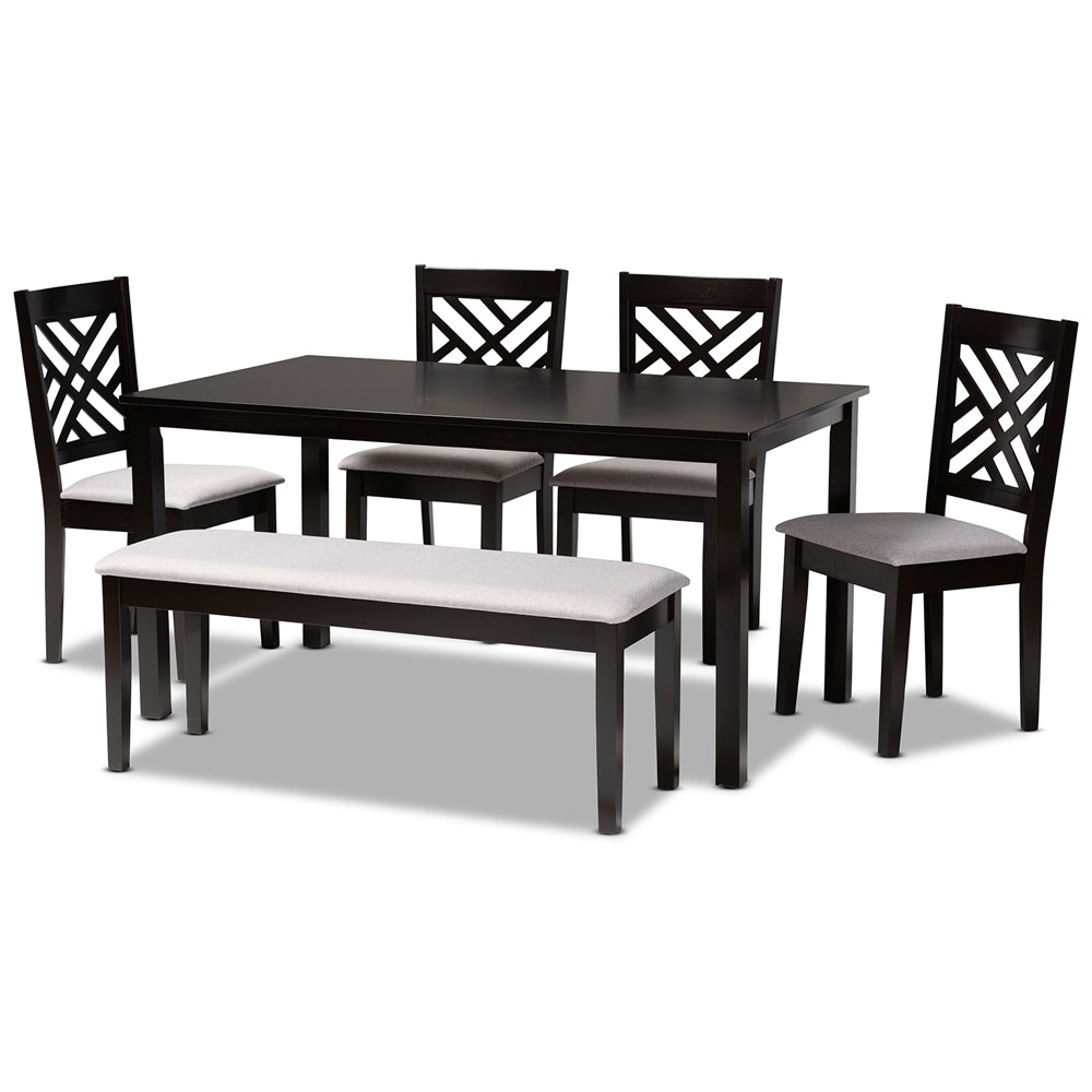 Baxton Studio Gustavo Modern And Contemporary Grey Fabric Upholstered And Dark Brown Finished Wood 6-Piece Dining Set