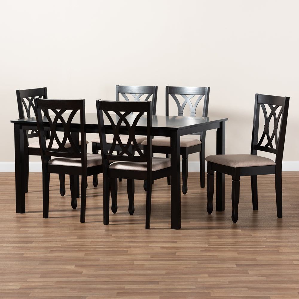 Baxton Studio Reneau Modern And Contemporary Sand Fabric Upholstered Espresso Brown Finished Wood 7-Piece Dining Set