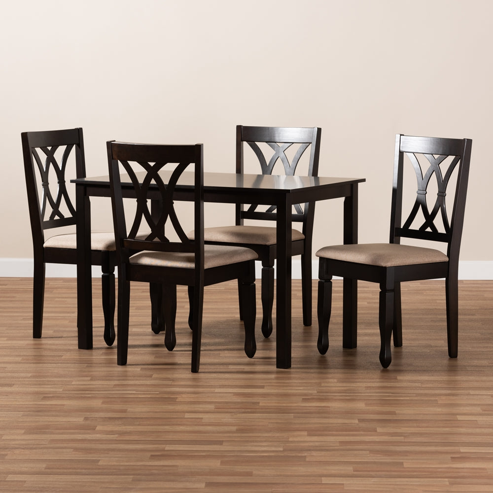 Baxton Studio Reneau Modern And Contemporary Sand Fabric Upholstered Espresso Brown Finished Wood 5-Piece Dining Set