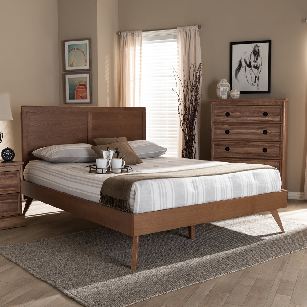 Baxton Studio Zenon Mid-Century Modern Walnut Brown Finished Wood Queen Size Platform Bed