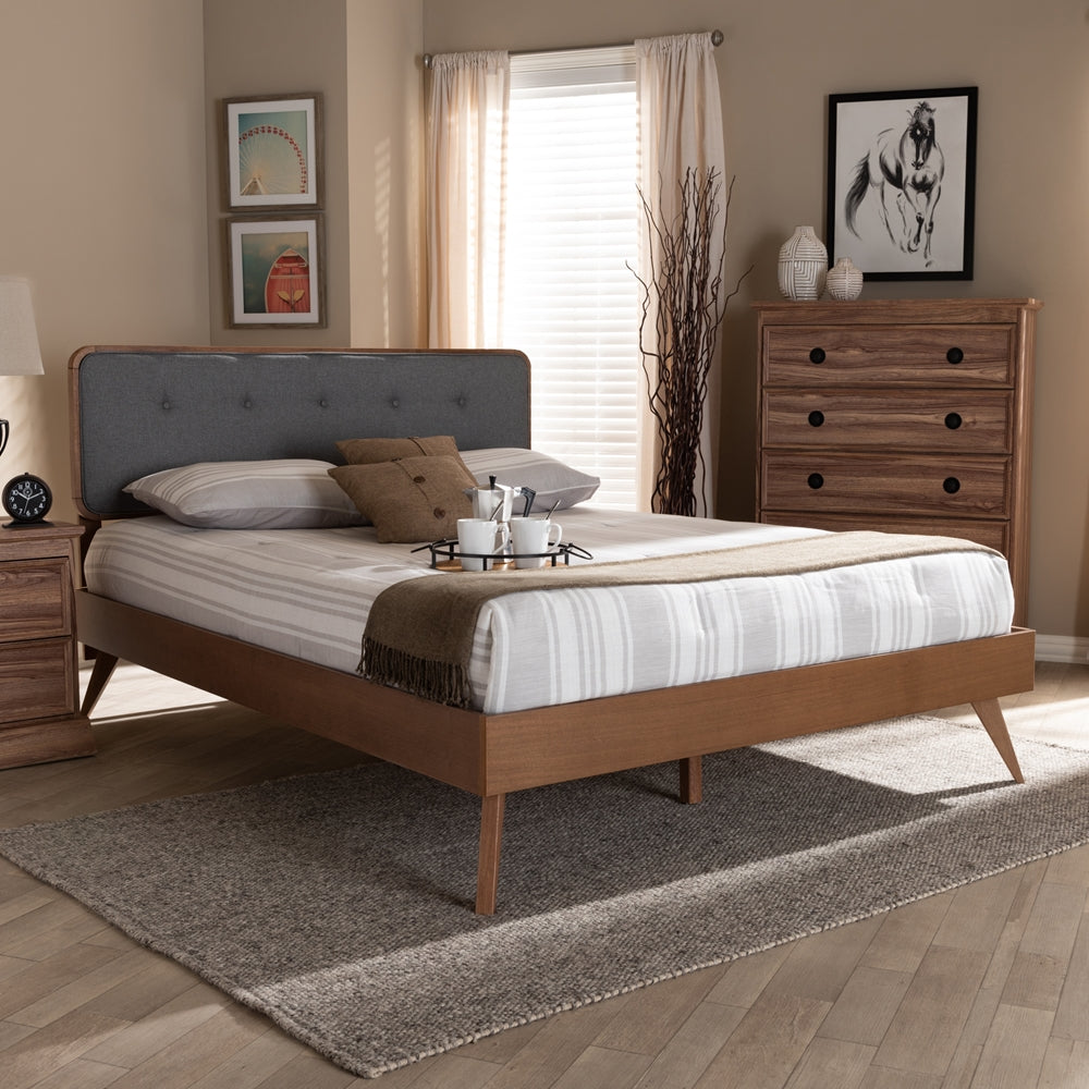 Baxton Studio Dilara Mid-Century Modern Fabric Upholstered and Walnut Brown Finished Wood Platform Bed