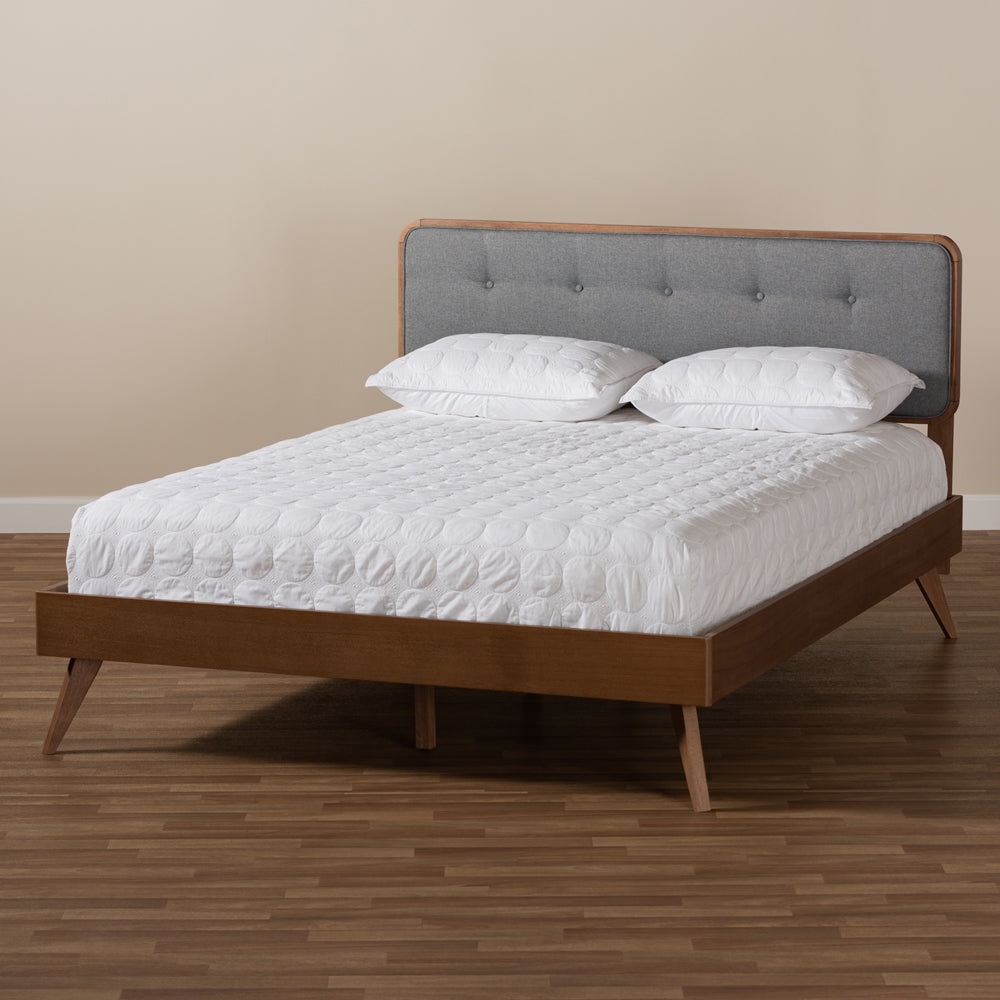 Baxton Studio Dilara Mid-Century Modern Fabric Upholstered and Walnut Brown Finished Wood Platform Bed