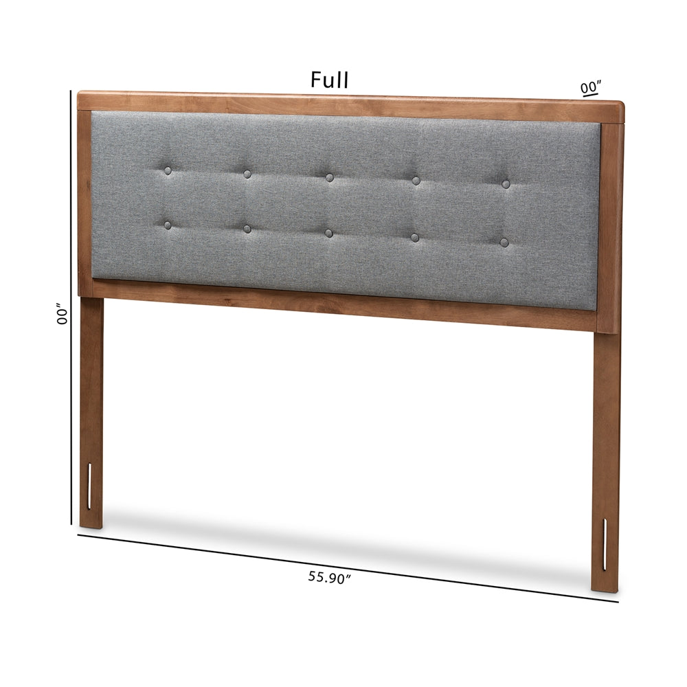 BAXTON STUDIO SARINE MID-CENTURY MODERN DARK GREY FABRIC UPHOLSTERED WALNUT BROWN FINISHED WOOD QUEEN SIZE HEADBOARD