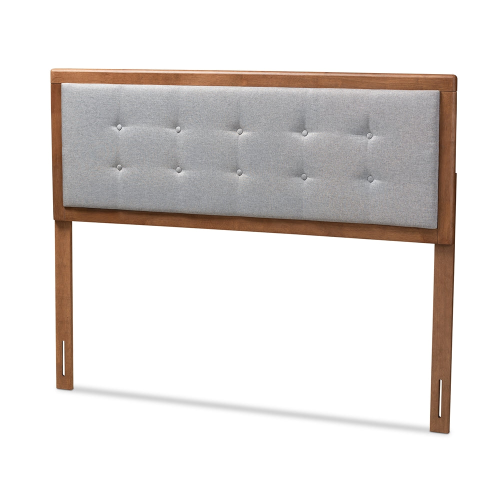 Baxton Studio Sarine Mid-Century Modern Light Grey Fabric Upholstered Walnut Brown Finished Wood Full Size Headboard