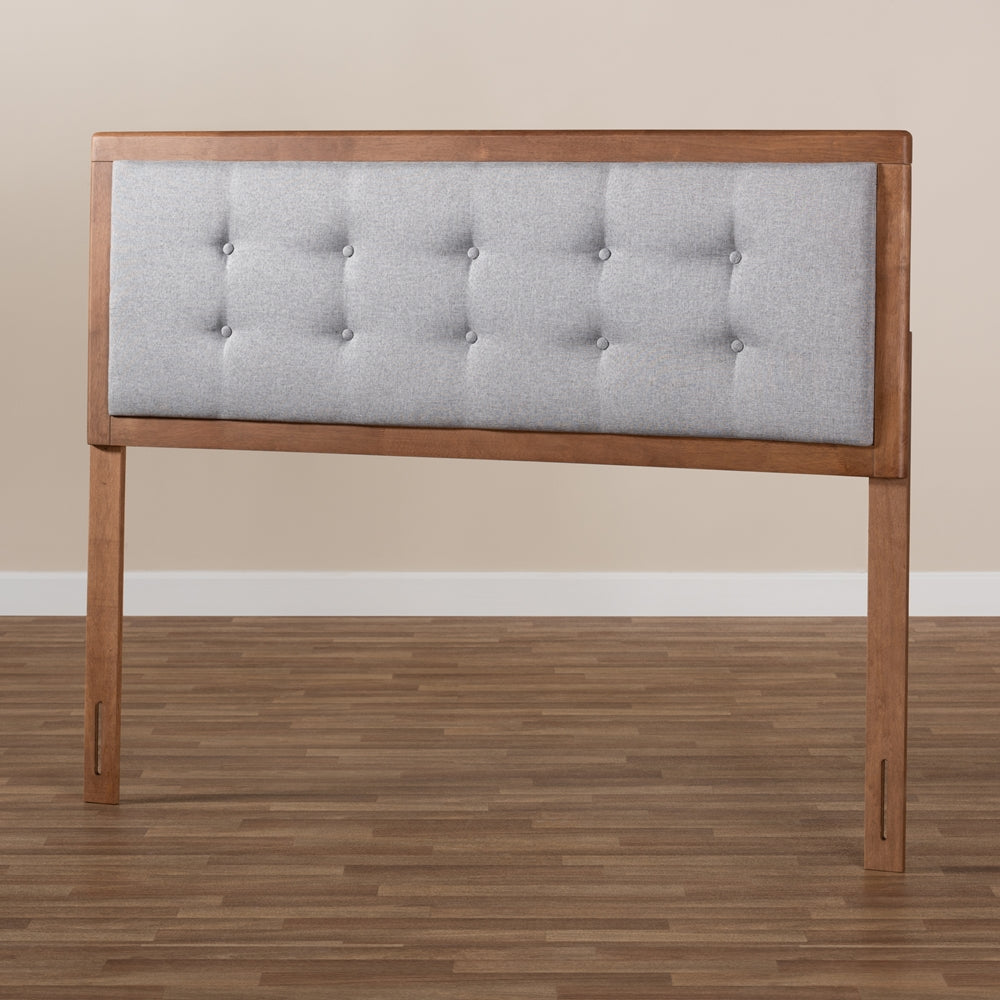 Baxton Studio Sarine Mid-Century Modern Light Grey Fabric Upholstered Walnut Brown Finished Wood Full Size Headboard