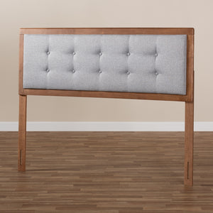 Baxton Studio Sarine Mid-Century Modern Light Grey Fabric Upholstered Walnut Brown Finished Wood King Size Headboard