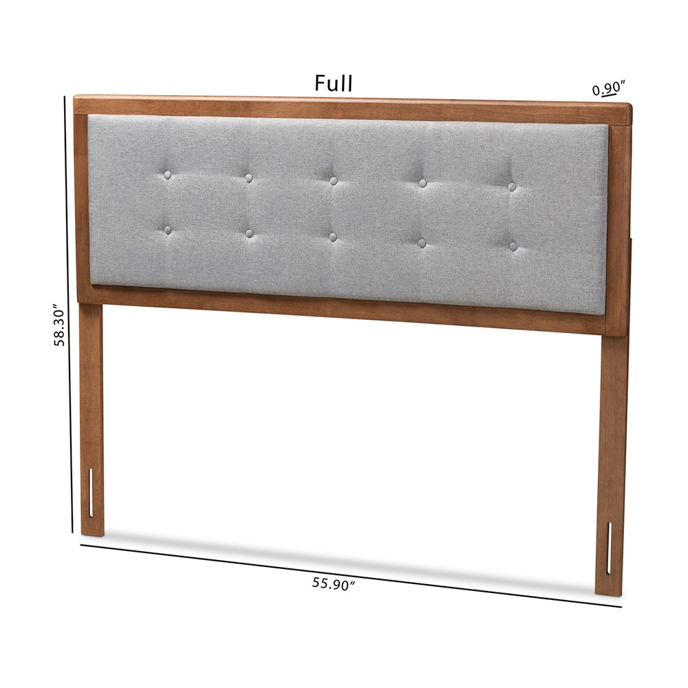 BAXTON STUDIO SARINE MID-CENTURY MODERN LIGHT GREY FABRIC UPHOLSTERED WALNUT BROWN FINISHED WOOD FULL SIZE HEADBOARD