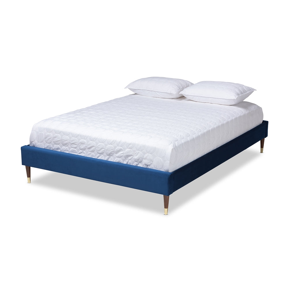 Baxton Studio Volden Glam And Navy Blue Velvet Fabric Upholstered King Size Wood Platform Bed Frame With Gold-Tone Leg Tips