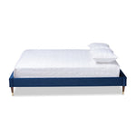 Load image into Gallery viewer, Baxton Studio Volden Glam And Luxe Navy Blue Velvet Fabric Upholstered Full Size Wood Platform Bed Frame With Gold-Tone Leg Tips
