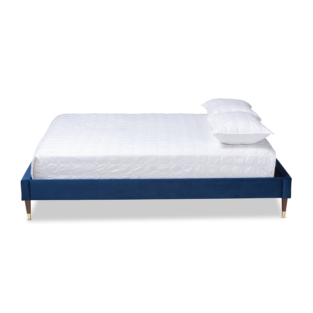 Baxton Studio Volden Glam And Navy Blue Velvet Fabric Upholstered King Size Wood Platform Bed Frame With Gold-Tone Leg Tips