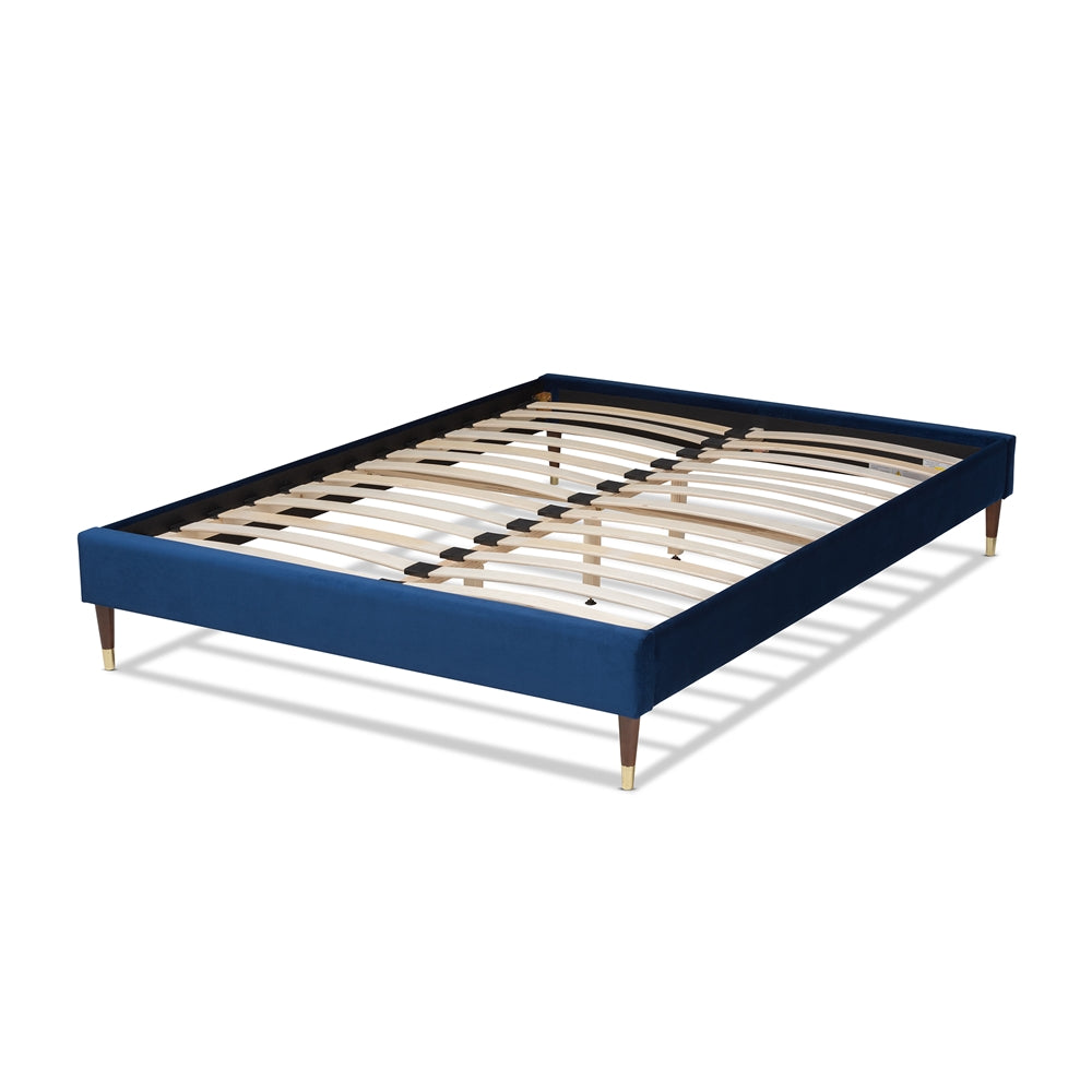 Baxton Studio Volden Glam And Navy Blue Velvet Fabric Upholstered King Size Wood Platform Bed Frame With Gold-Tone Leg Tips