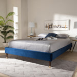 Load image into Gallery viewer, Baxton Studio Volden Glam And Luxe Navy Blue Velvet Fabric Upholstered Full Size Wood Platform Bed Frame With Gold-Tone Leg Tips
