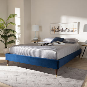 Baxton Studio Volden Glam And Luxe Navy Blue Velvet Fabric Upholstered Full Size Wood Platform Bed Frame With Gold-Tone Leg Tips