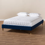 Load image into Gallery viewer, BAXTON STUDIO VOLDEN GLAM AND LUXE NAVY BLUE VELVET FABRIC UPHOLSTERED FULL SIZE WOOD PLATFORM BED FRAME WITH GOLD-TONE LEG TIPS
