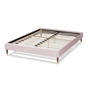 Baxton Studio Volden Glam And Luxe Light Pink Velvet Fabric Upholstered Full Size Wood Platform Bed Frame With Gold-Tone Leg Tips