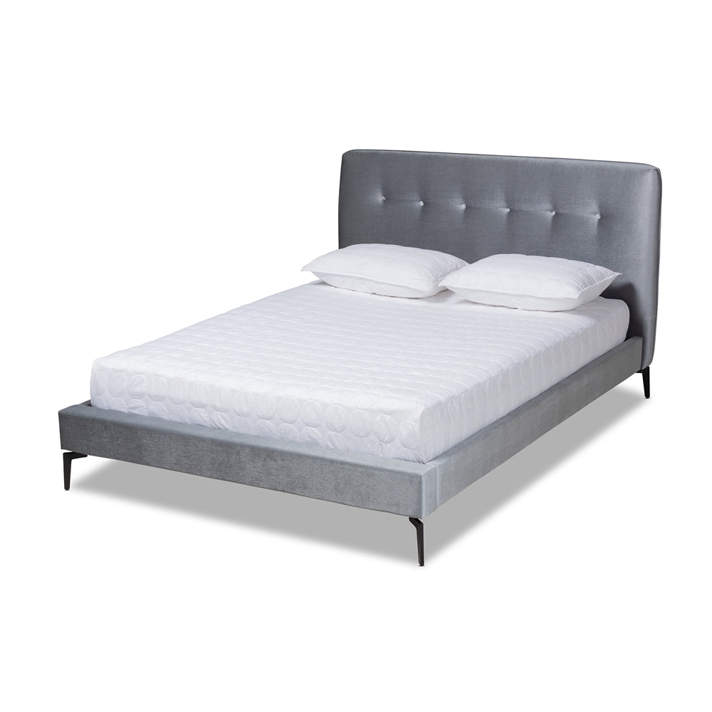 Baxton Studio Ingrid Glam And Luxe Silver Grey Velvet Fabric Upholstered Queen Size Platform Bed