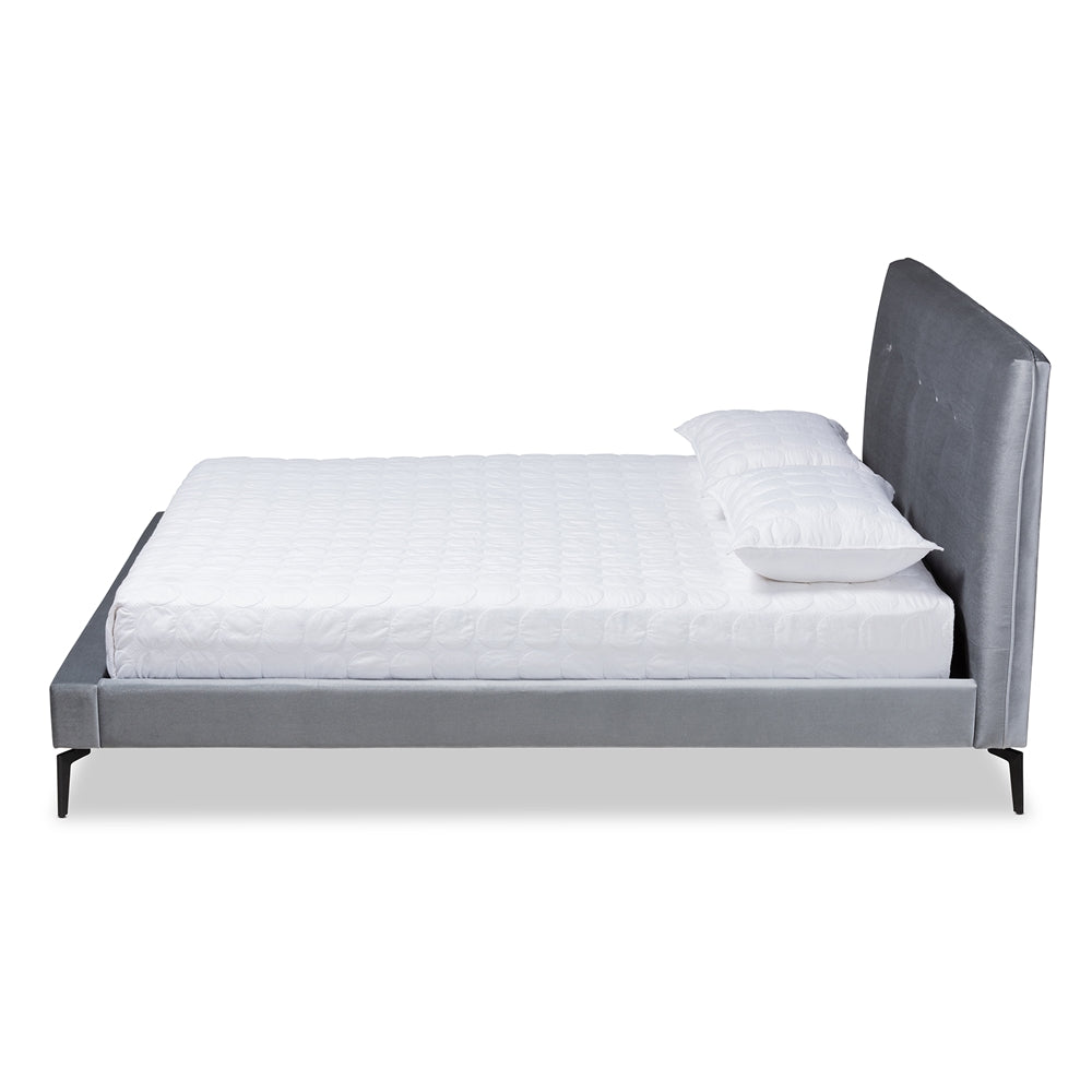 Baxton Studio Ingrid Glam And Luxe Silver Grey Velvet Fabric Upholstered King Size Platform Bed