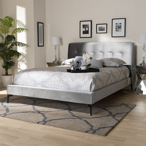 BAXTON STUDIO INGRID GLAM AND LUXE SILVER GREY VELVET FABRIC UPHOLSTERED KING SIZE PLATFORM BED