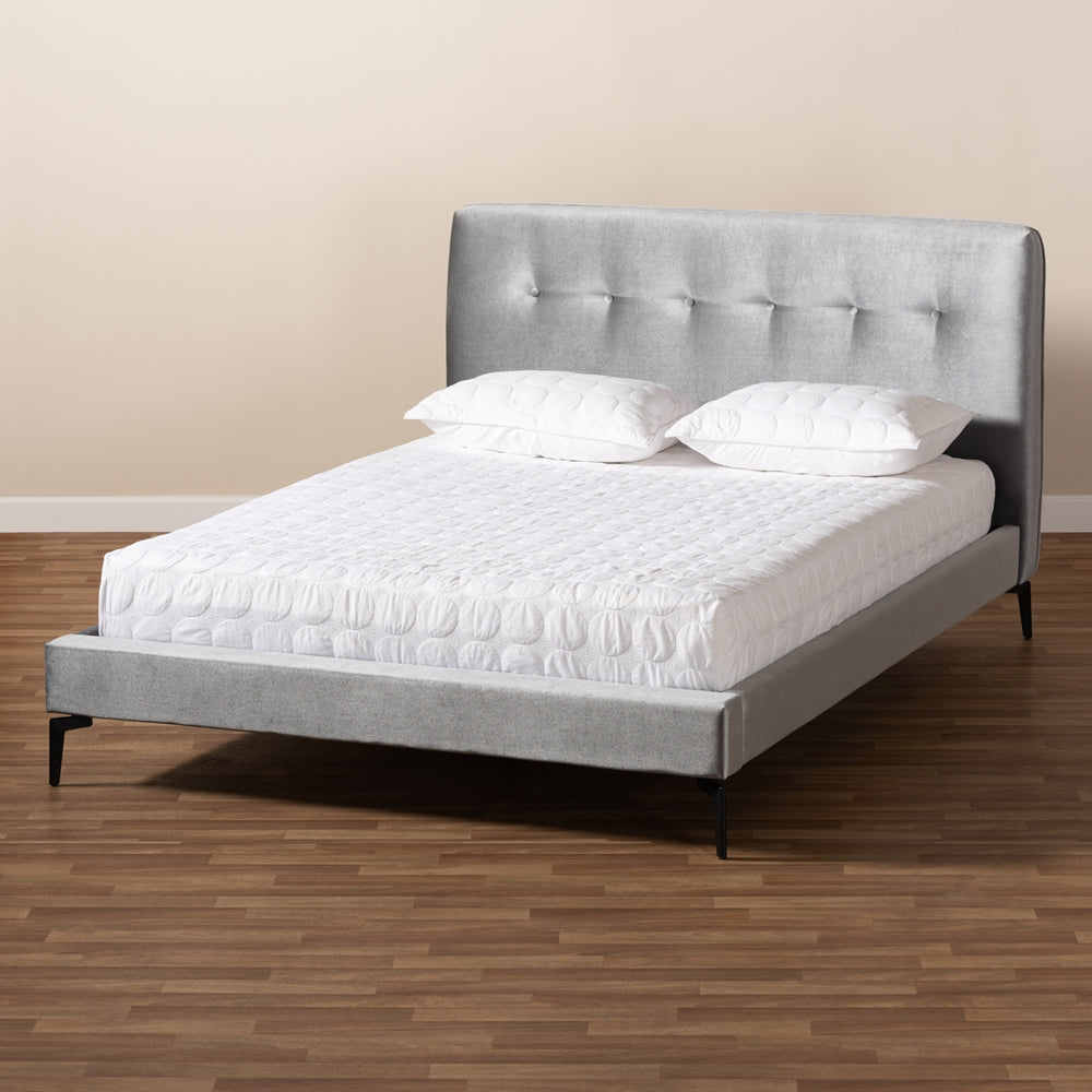 Baxton Studio Ingrid Glam And Luxe Silver Grey Velvet Fabric Upholstered Queen Size Platform Bed