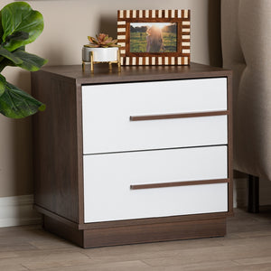 Baxton Studio Mette Mid-Century Modern Two-Tone White And Walnut Finished 2-Drawer Wood Nightstand