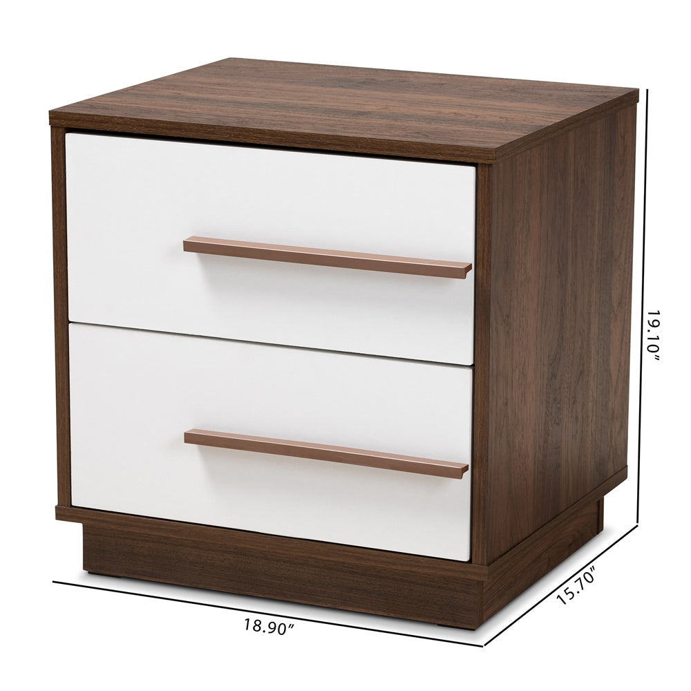 Baxton Studio Mette Mid-Century Modern Two-Tone White And Walnut Finished 2-Drawer Wood Nightstand