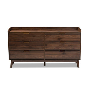 Baxton Studio Lena Mid-Century Modern Walnut Brown Finished 6-Drawer Wood Dresser