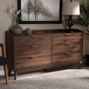 Baxton Studio Lena Mid-Century Modern Walnut Brown Finished 6-Drawer Wood Dresser