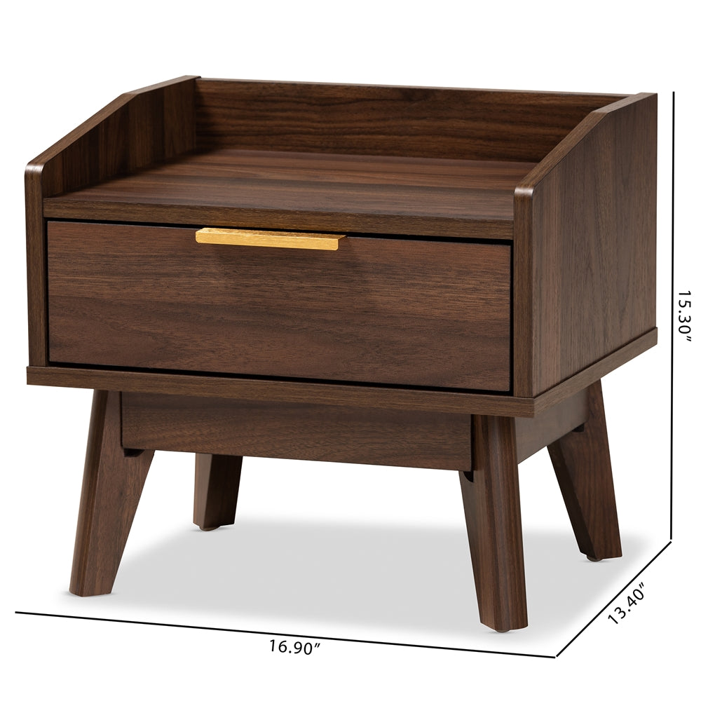 Baxton Studio Lena Mid-Century Modern Walnut Brown Finished 1-Drawer Wood Nightstand