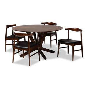 Baxton Studio Berlin Mid-Century Modern Black Faux Leather Upholstered Walnut Finished 5-Piece Wood Dining Set