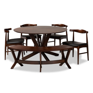 Baxton Studio Berlin Mid-Century Modern Black Faux Leather Upholstered Walnut Finished 6-Piece Wood Dining Set