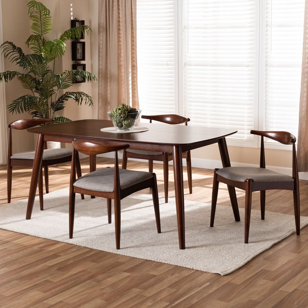 Baxton Studio Amato Mid-Century Modern Light Gray Fabric Upholstered Walnut Finished Wood 5-Piece Dining Set