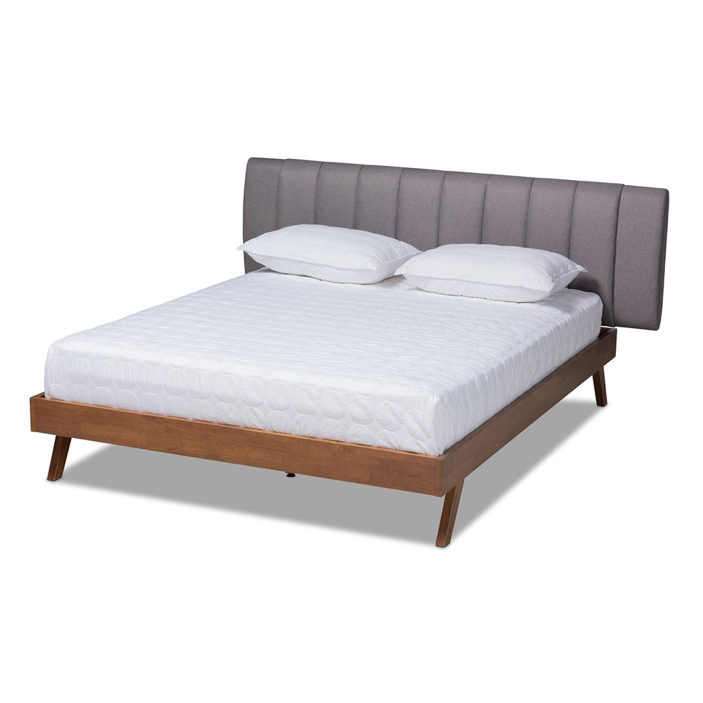 Baxton Studio Brita Mid-Century Modern Grey Fabric Upholstered Walnut Finished Wood King Size Bed